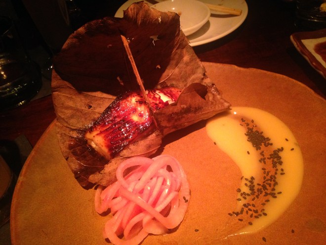 Yuzu Miso Marinated Black Cod wrapped in a Japanese Magnolia Leaf