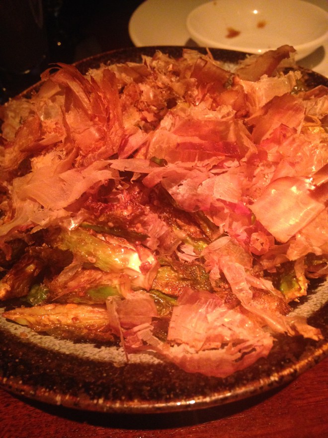 Crispy Brussels Sprouts with Mustard and Bonito Flakes